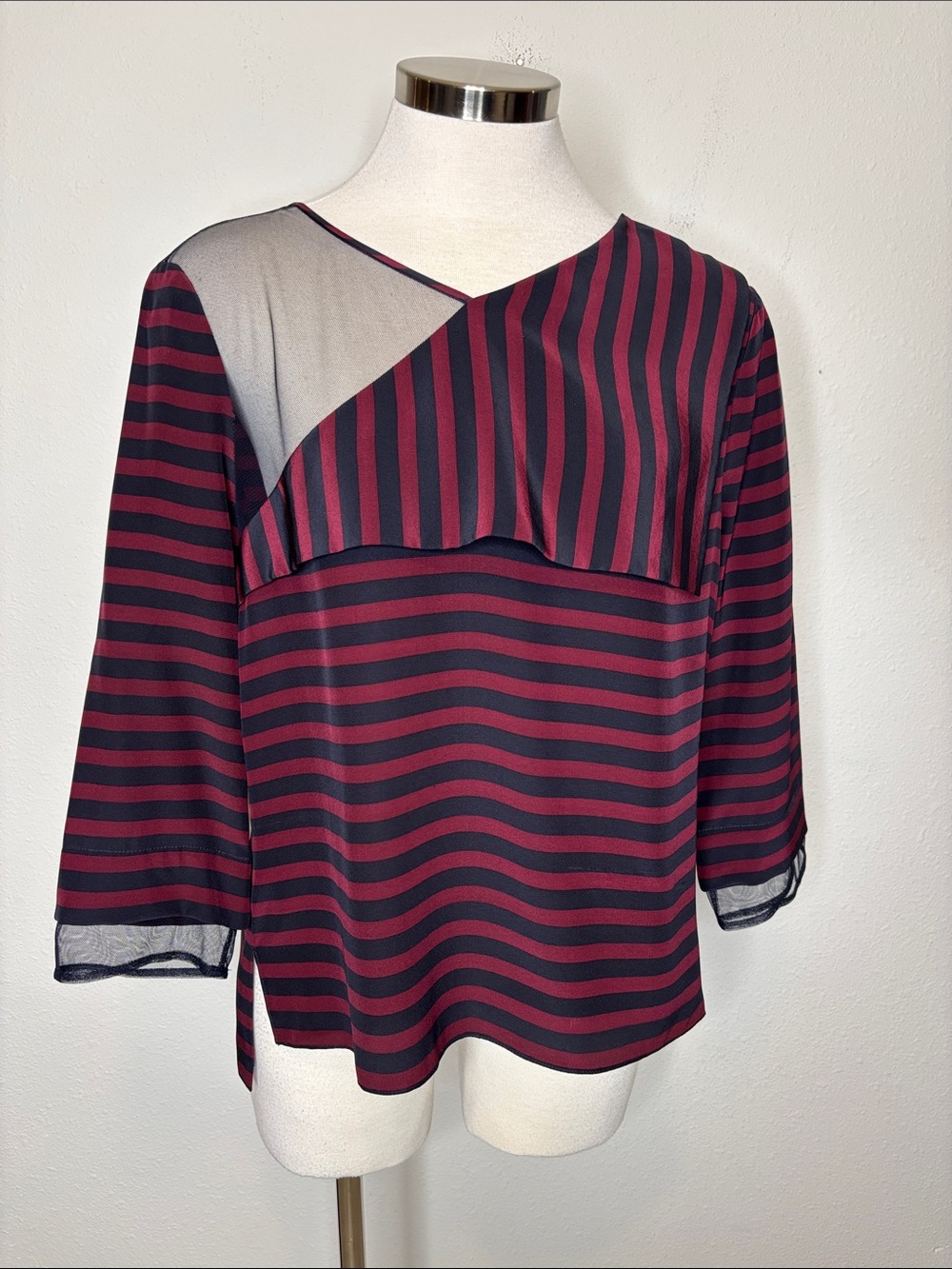 BCBGMaxAzria Skyla Burgundy and Black Striped Sheer-Panel Blouse